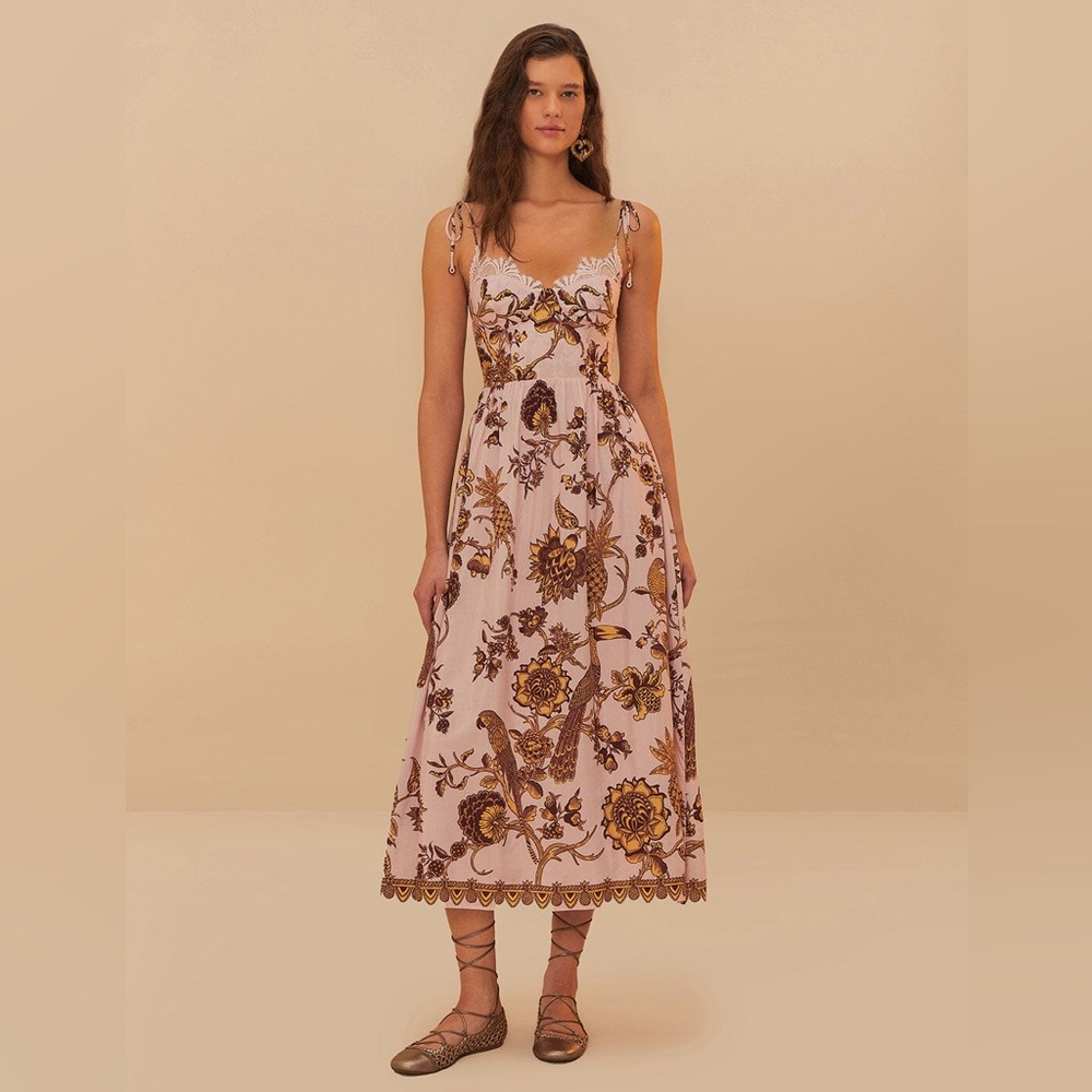 Farm Rio Pink Tropical Landing Lace Midi Dress